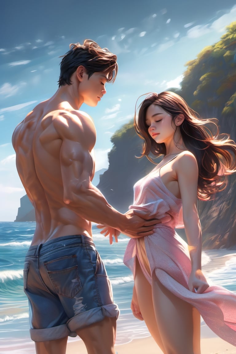 lovers, love couple, 16 years old, girl, sex, cool boy, muscular body, shirtless, selfie, naked, beautiful and aesthetic, beach, ocean, cutting training, sweat, full_body, ultra realistic illustration, ultra hd, realistic, vivid colors, highly detailed, UHD drawing, perfect composition, ultra hd, 8k, energy, pure perfection, divine presence