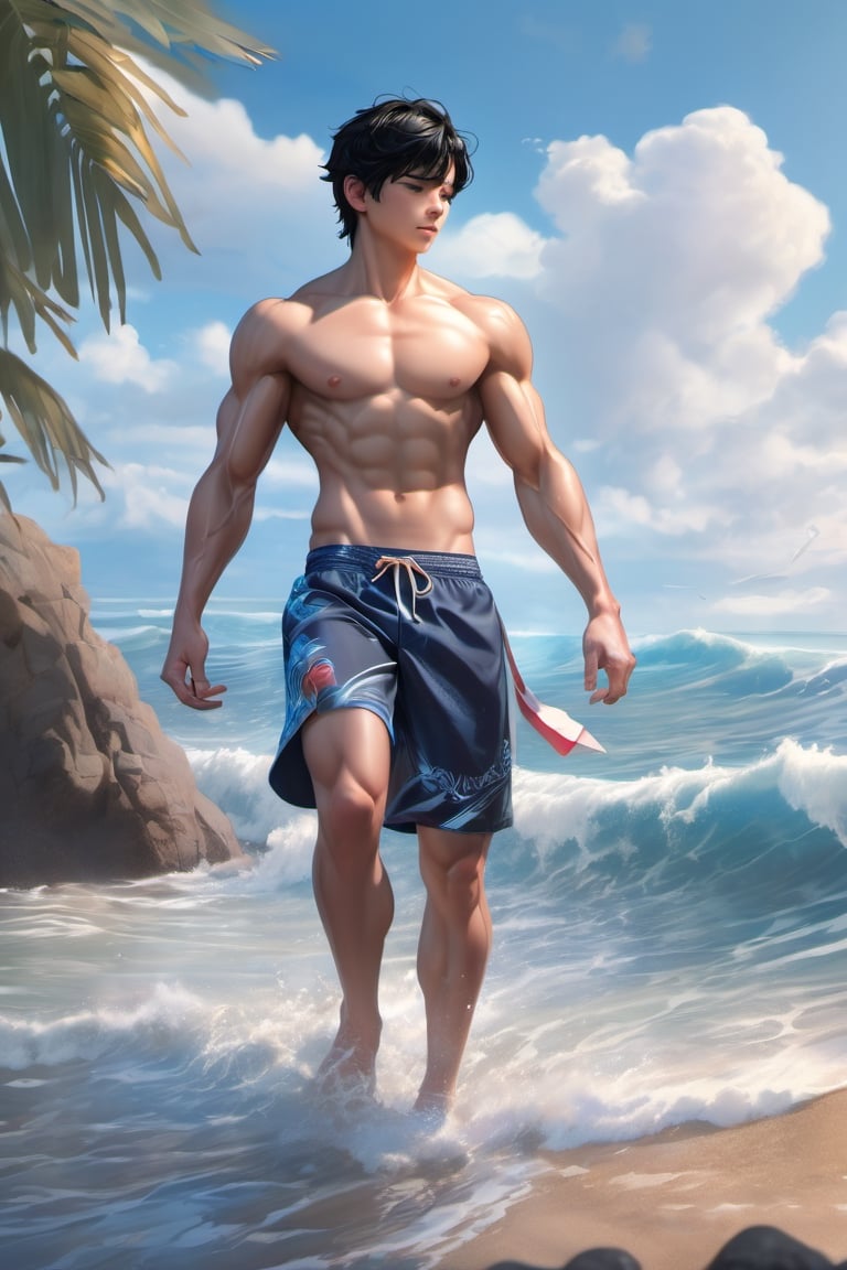 16 years old, muscular, black hair, blue eyes, collarbone, muscular body, shirtless, cool boy, swimming trunks, beach, ocean, cutting training, sweat, large biceps, full_body, ultra realistic illustration,siena natural ratio, ultra hd, realistic, vivid colors, highly detailed, UHD drawing, perfect composition, ultra hd, 8k, he has an inner glow, stunning, something that even doesn't exist, mythical being, energy, pure perfection, divine presence, unforgettable, impressive, breathtaking beauty