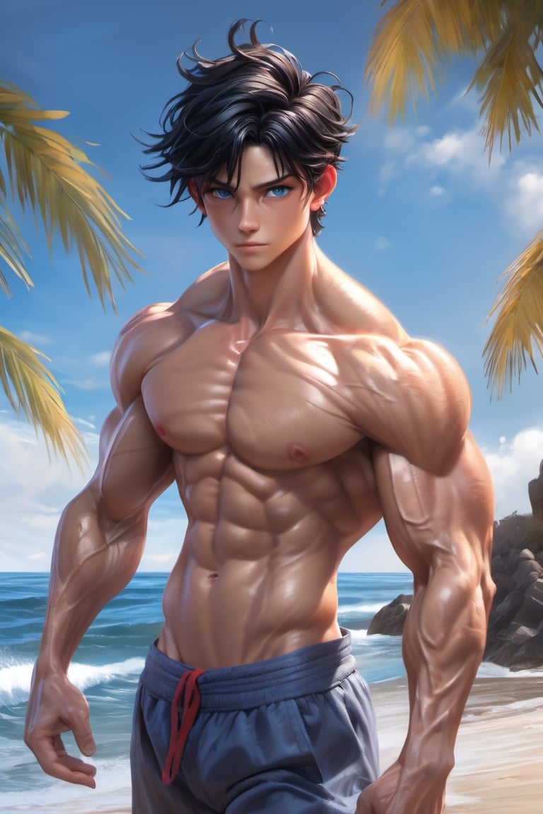 16 years old, muscular, cool hair, black hair, blue eyes, collarbone, muscular body, shirtless, palm, beach, ocean, cutting training, sweat, large biceps, full_body, ultra realistic illustration, siena natural ratio, ultra hd, realistic, vivid colors, highly detailed, UHD drawing, perfect composition, ultra hd, 8k, he has an inner glow, stunning, something that even doesn't exist, mythical being, energy, pure perfection, divine presence, unforgettable, impressive, breathtaking beauty