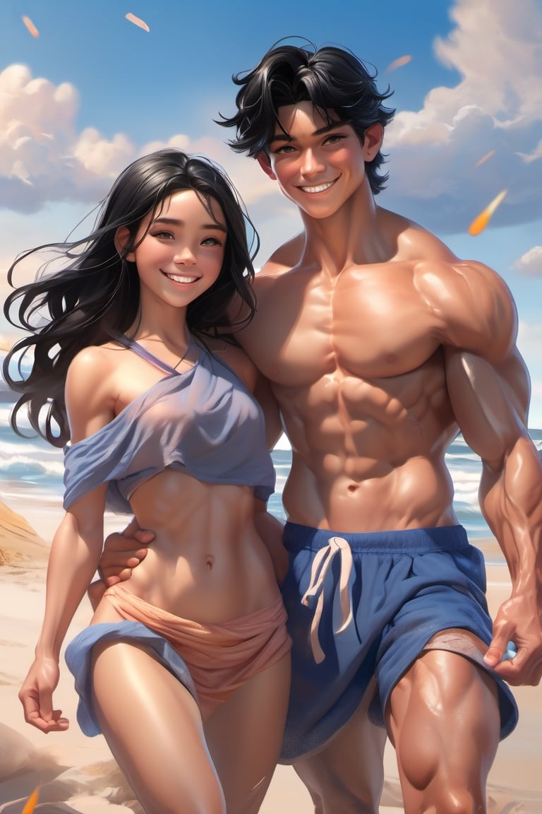 lovers, love couple, 16 years old, muscular, black hair, blue eyes, latino cute boy, cute smile, muscular body, shirtless, sunshine, beautiful and aesthetic, beach, ocean, cutting training, sweat, very large biceps, full_body, ultra realistic illustration,siena natural ratio, ultra hd, realistic, vivid colors, highly detailed, UHD drawing, perfect composition, ultra hd, 8k, he has an inner glow, stunning, mythical being, energy, pure perfection, divine presence, unforgettable, impressive, breathtaking beauty