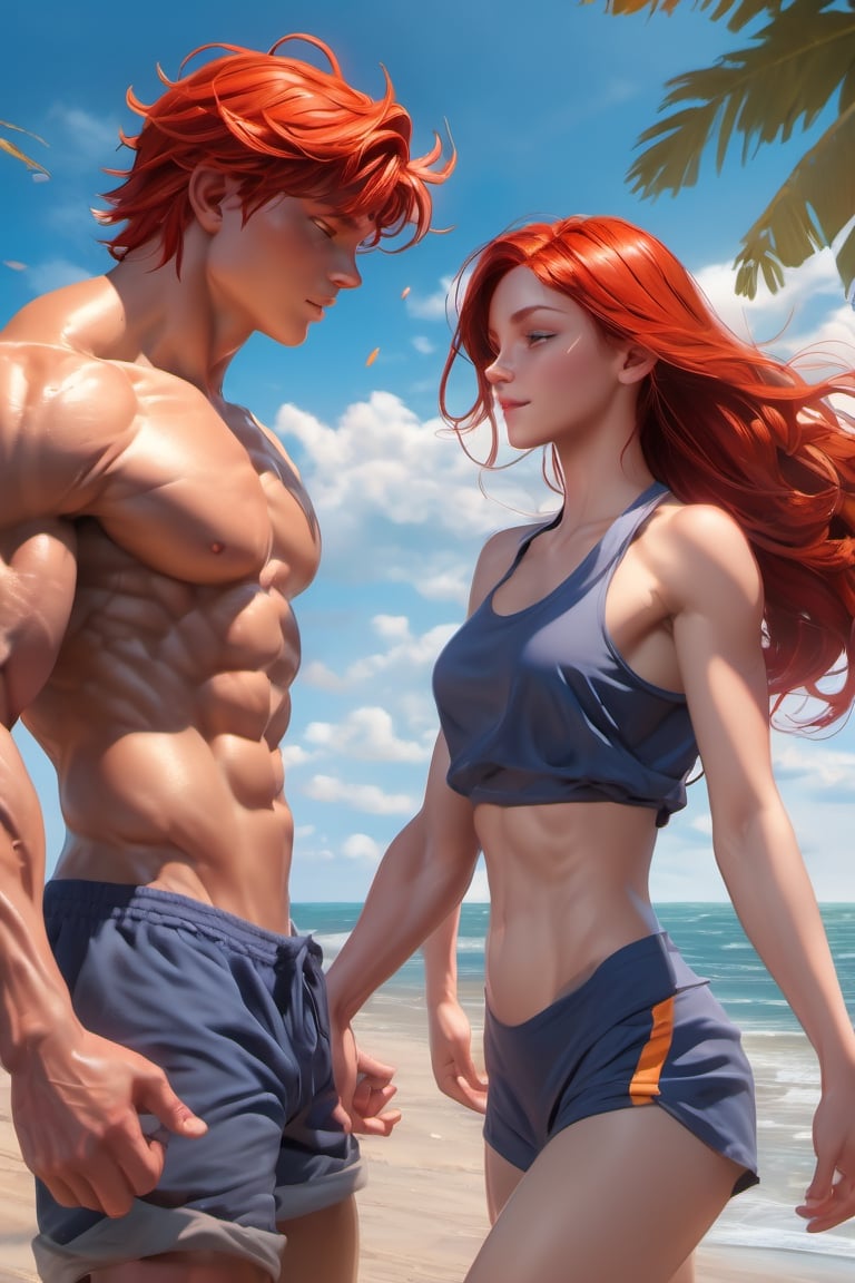 lovers, love couple, 16 years old, redhair girl, muscular, blue eyes, very large physique boy, look at me, very high boy, Biceps, muscular body, shirtless, naked, beautiful and aesthetic, beach, ocean, cutting training, sweat, full_body, ultra realistic illustration,siena natural ratio, ultra hd, realistic, vivid colors, highly detailed, UHD drawing, perfect composition, ultra hd, 8k, he has an inner glow, stunning, mythical being, energy, pure perfection, divine presence, unforgettable, impressive, breathtaking beauty