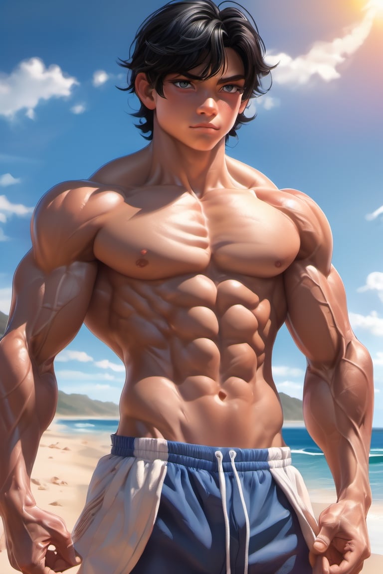 16 years old, muscular, black hair, blue eyes, latino cute boy, muscular body, shirtless, sunshine, beautiful and aesthetic, beach, ocean, cutting training, sweat, very large biceps, full_body, ultra realistic illustration,siena natural ratio, ultra hd, realistic, vivid colors, highly detailed, UHD drawing, perfect composition, ultra hd, 8k, he has an inner glow, stunning, mythical being, energy, pure perfection, divine presence, unforgettable, impressive, breathtaking beauty