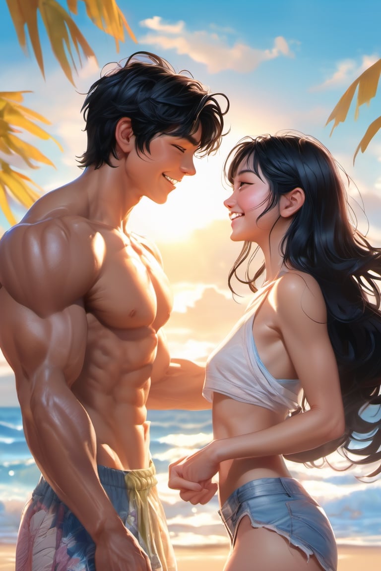 lovers, love couple, 16 years old, asian girl, muscular, black hair, blue eyes, latino cute boy, cute smile, muscular body, shirtless, sunshine, beautiful and aesthetic, beach, ocean, cutting training, sweat, full_body, ultra realistic illustration,siena natural ratio, ultra hd, realistic, vivid colors, highly detailed, UHD drawing, perfect composition, ultra hd, 8k, he has an inner glow, stunning, mythical being, energy, pure perfection, divine presence, unforgettable, impressive, breathtaking beauty