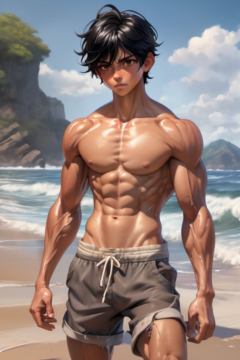 boy, 16 years old, black hair, brown eyes, abs, muscular, tan, guy, boy, teenager, middle part, abs, muscular body, ripped, veiny, shirtless, shorts, beach, ocean, wet, hand on head,  cool look, cutting training, sweat, full_body, ultra realistic illustration, siena natural ratio, ultra hd, realistic, vivid colors, highly detailed, UHD drawing, perfect composition, ultra hd, 8k