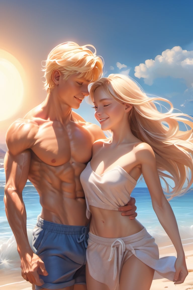 lovers, love couple, 16 years old, girl, blond, muscular, blue eyes, latino cute boy, muscular body, shirtless, naked, sunshine, happy, beautiful and aesthetic, beach, ocean, cutting training, sweat, turning to look at me, full_body, ultra realistic illustration,siena natural ratio, ultra hd, realistic, vivid colors, highly detailed, UHD drawing, perfect composition, ultra hd, 8k, he has an inner glow, stunning, mythical being, energy, pure perfection, divine presence, unforgettable, impressive, breathtaking beauty