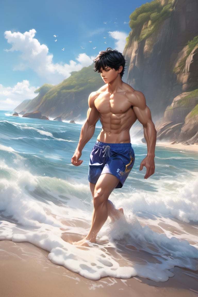 16 years old, muscular, black hair, blue eyes, latino boy, collarbone, muscular body, shirtless, sunshine boy, swimming trunks, beach, ocean, cutting training, sweat, large biceps, full_body, ultra realistic illustration,siena natural ratio, ultra hd, realistic, vivid colors, highly detailed, UHD drawing, perfect composition, ultra hd, 8k, he has an inner glow, stunning, something that even doesn't exist, mythical being, energy, pure perfection, divine presence, unforgettable, impressive, breathtaking beauty