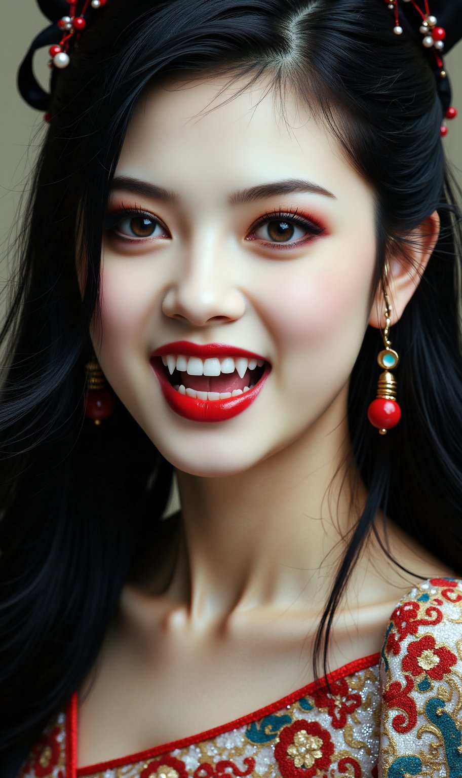 Score_9, score_8_up, score_7_up, ((fangs)), 1girl, ancient oriental beauty, pale skin, looking at the audience, solo, cool, exquisite facial features, exquisite devil eyes, long eyelashes, long black hair, open mouth, teeth, red lips , lipstick, tongue, close-up, makeup, Hanfu, jewelry, earrings, portrait, close-up, stunning scenery, movie special effects style.