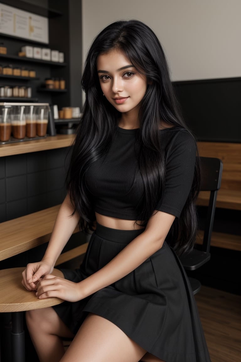 Lovely cute young attractive indian  girl, 21 years old, cute model, long black_hair, black  hair, They are wearing a  black skirt and top, and she is sitting in coffee shop, 