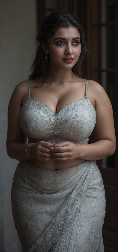 (masterpiece, best quality, ultra-detailed, 8K),high detail, realisitc detailed, a beautiful young indian girl curvy body with long flowy black hair over shoulders in the dark, wearing a full tight indian lacy net multi color saree fully see through dress in wedding palace tempting manner, blue eyes, pale soft skin, kind smile, glossy lips, a serene and contemplative mood, red lips,hd makeup,Indian,(blue eyes)(temptaation shy manner)