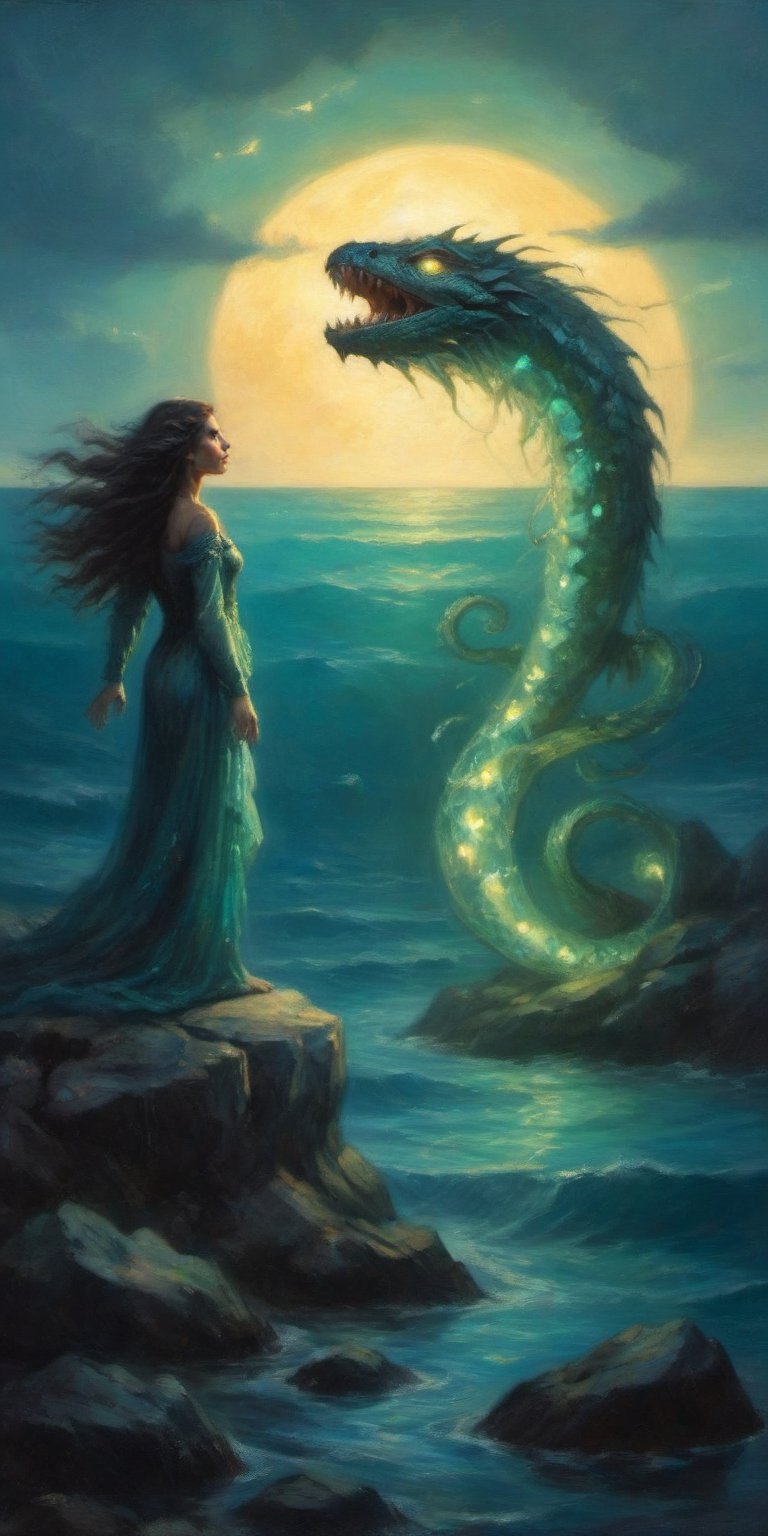 A mesmerizing but deadly siren perches on a rocky outcrop overlooking a bioluminescent ocean. Her voice, a haunting melody laced with static, echoes across the waves, luring unsuspecting creatures to a watery grave. Her long, flowing hair shimmers with an otherworldly luminescence, and her eyes gleam with a cold, reptilian intelligence.
