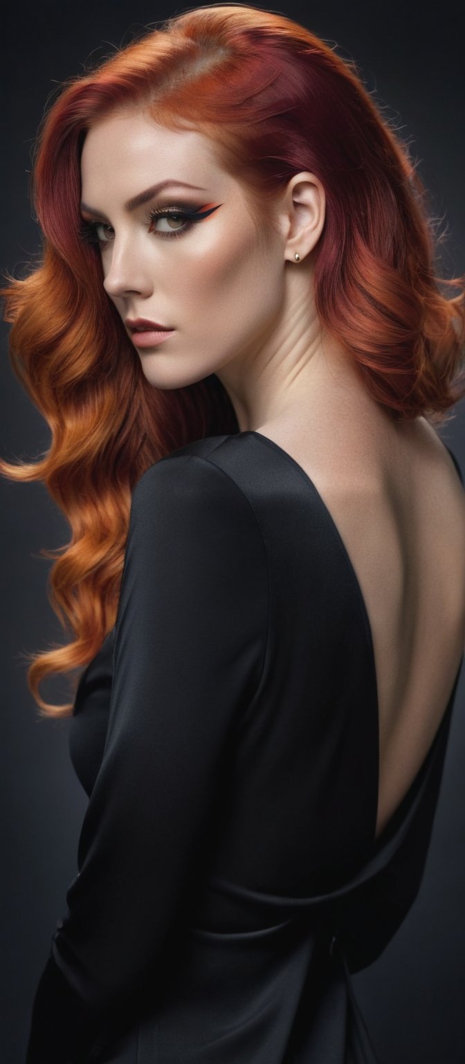 Generate hyper realistic image of a woman with long, wavy hair cascading down her back, dressed in a sleek black dress, her red hair peeking over her shoulder as she looks back with a serious gaze. Another woman with fiery orange hair, hair covering one eye, adorned in an elegant backless outfit, her back tattoo catching the eye, standing amidst dark shadows.