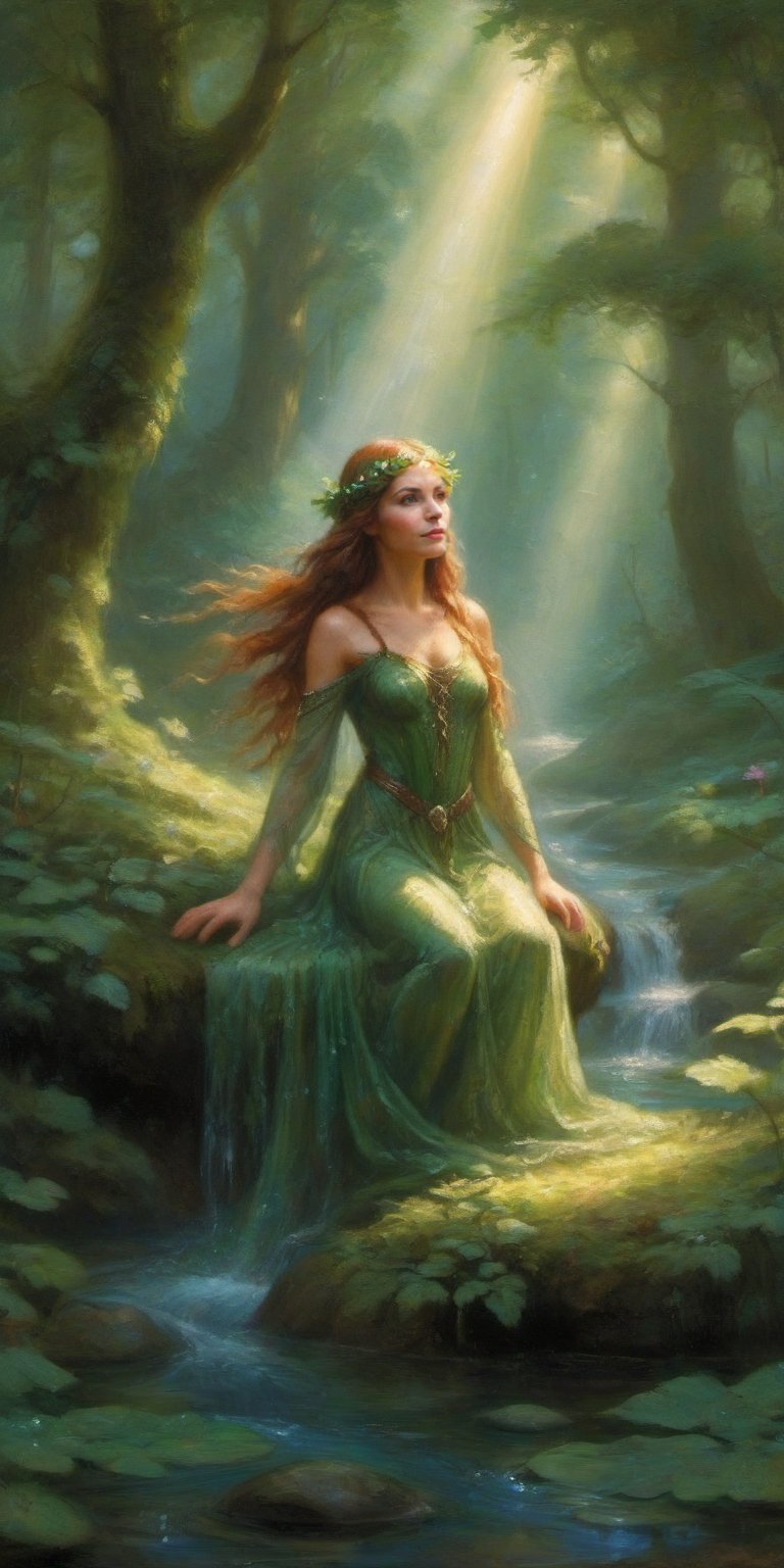 Within the verdant depths of an enchanted forest, an elven nymph bathes in a secluded glen. Sunlight filters through the canopy, dappling the crystal-clear waters where she frolics with ethereal grace. Her slender form is enveloped in shimmering droplets, her long hair cascading like liquid silver. Amidst the rustling leaves and birdsong, she embodies the untamed beauty of the wilderness, a mystical presence amidst the tranquil embrace of nature's sanctuary.
