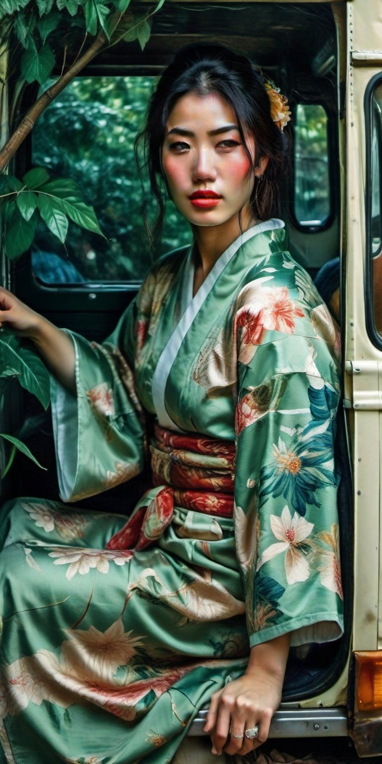 A serene Japanese girl sits comfortably inside a vintage-style van, surrounded by lush greenery and a warm, sunlit atmosphere. The oil painting-inspired artwork boasts hyper-detailed features, with intricate textures and subtle brushstrokes mimicking the masterful style of Vincent van Gogh. Her kimono drapes elegantly across her lap, while a gentle breeze whispers through the open van door, framing her contemplative expression in soft focus.