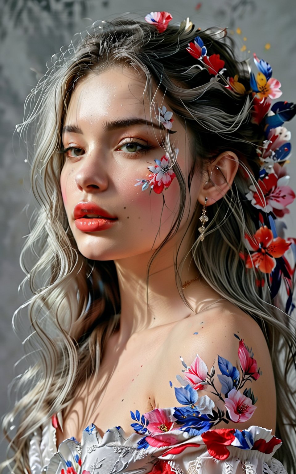 Digital art, beautiful decorative painting, profile portrait, off shoulder, beautiful collarbone, light gray background, long hair, sexy lips, master's work, abstract art, full of details, 8k