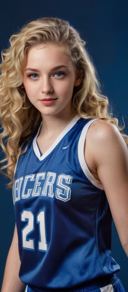 ((Generate hyper realistic full body portrait of  captivating scene featuring a stunning 20 years old girl,)) ((semi side view,)) with medium long blonde hair, flowing curls, little smile, donning a blue basketball  jersey, studio lighting,  piercing, blue eyes, photography style , Extremely Realistic,  ,photo r3al,action shot