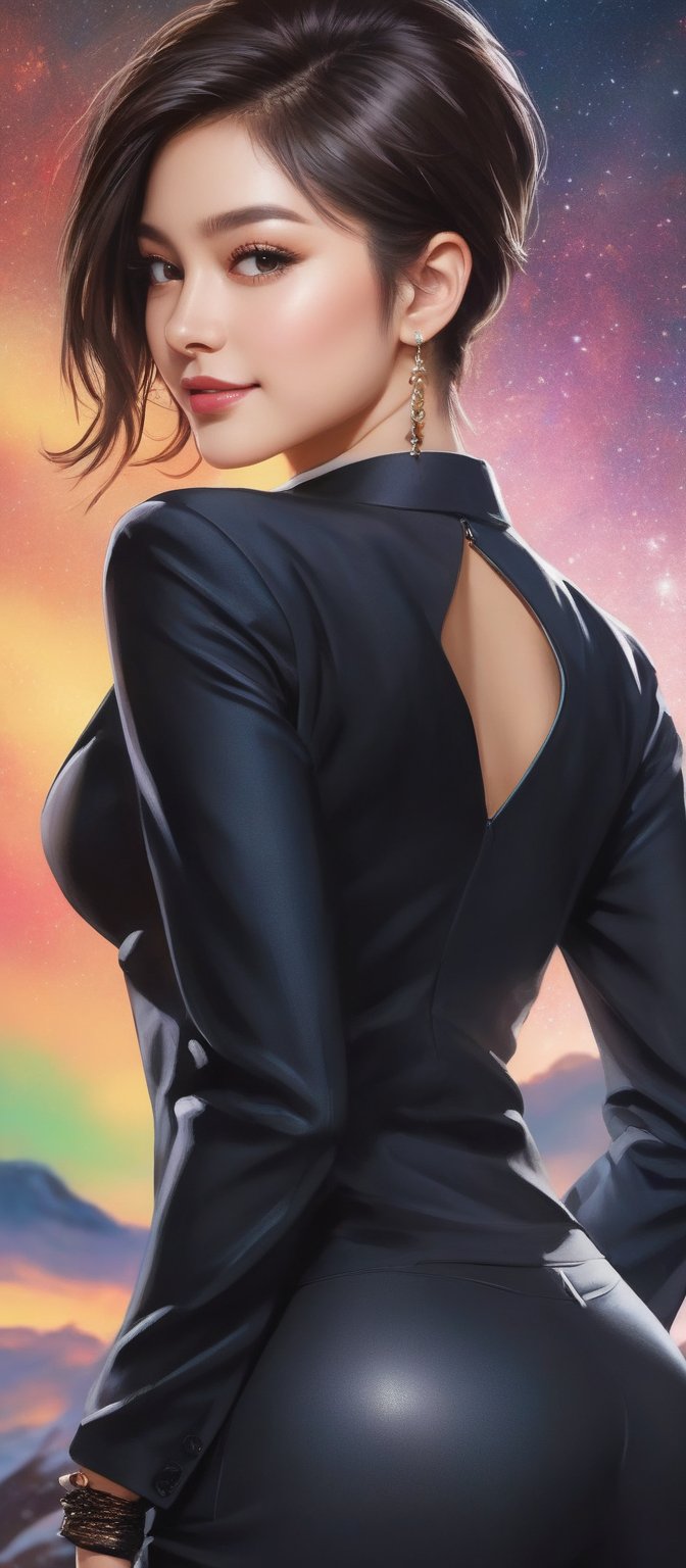 In a breathtaking 4K masterpiece, a stunning 20-year-old woman exudes confidence in a sleek black suit and pants combination. Her alluring smile illuminates the frame as she dons ornate headpieces. Her eyes, with double eyelids, sparkle like diamonds against her thin face. Real hands cradle the curves of her muscular physique, subtly showcasing semi-visible abs. Short hair gives way to long locks that cascade down her back. Against a vibrant aurora background, painted brush strokes in ink add depth and dimension. In a splash of color, this real person is captured in a captivating photo.