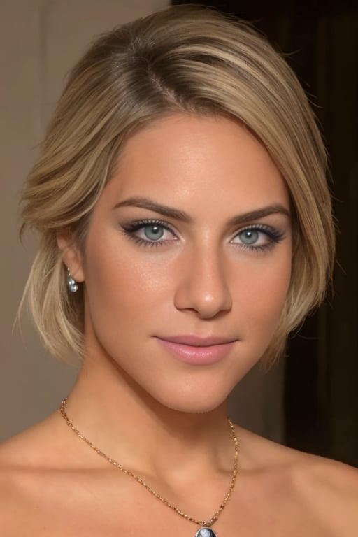 A realistic image of young Giovanna Ewbank, realistic and detailed face, realistic light blue eyes and realistic skin texture. She is wearing makeup, earrings and necklace. Cinematic style.