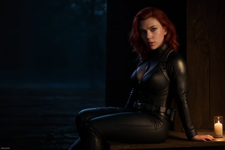 hyperrealistic image of Black Widow, played by Scarlett Johansson, in a moment of rest and reflection. She is dressed in the hero's costume, sitting on a wooden bench in a dark and mysterious setting. She is with her hands on her knees, with an intense and thoughtful look. The lighting is soft and dramatic, highlighting the details of the suit and the expression of her face. 