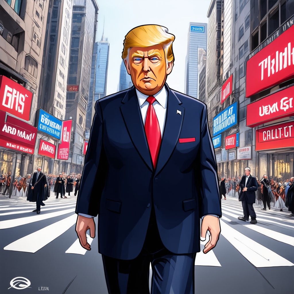 Donald Trump in a luxurious suit, carefully combed hair, and extremely confident face is walking on the streets of New York, Cartoon