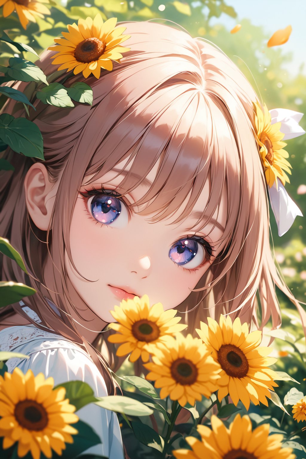 (best quality, highres),brown hair,bow on head,girl,beautiful detailed eyes,beautiful detailed lips,long eyelashes,soft facial features,flower garden background, vibrant colors,pleasant lighting,artistic rendering, decorative text:’’TA’’, text:’’1st Anniversary’’,(The cutest girl in the world:1.5),