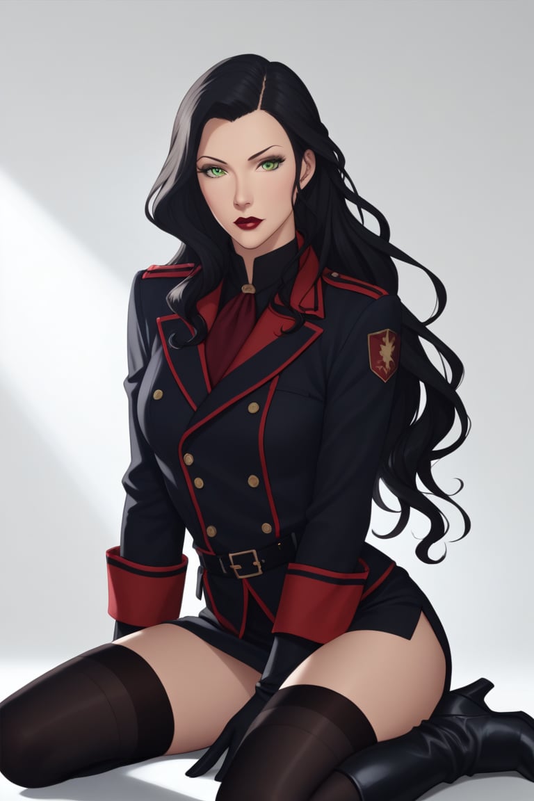 masterpiece, highest quality, 8k high quality photo, cinematic lighting,score_9,score_8_up,Very detailed, high quality. Asami Sato,score_9, asami,score_8_up,Long hair, black hair, lipstick, green eyes, asami, military uniform, black gloves, black boots, naked_thighhighs,