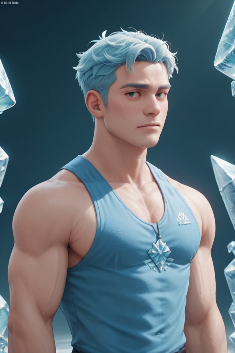 ice,score_9,hubgman,score_6_up,score_7_up,score_8_up,  man, blue_hair, ice body, ice arms,blue uniform, sleeveless, small K logo on the chest,thin, 