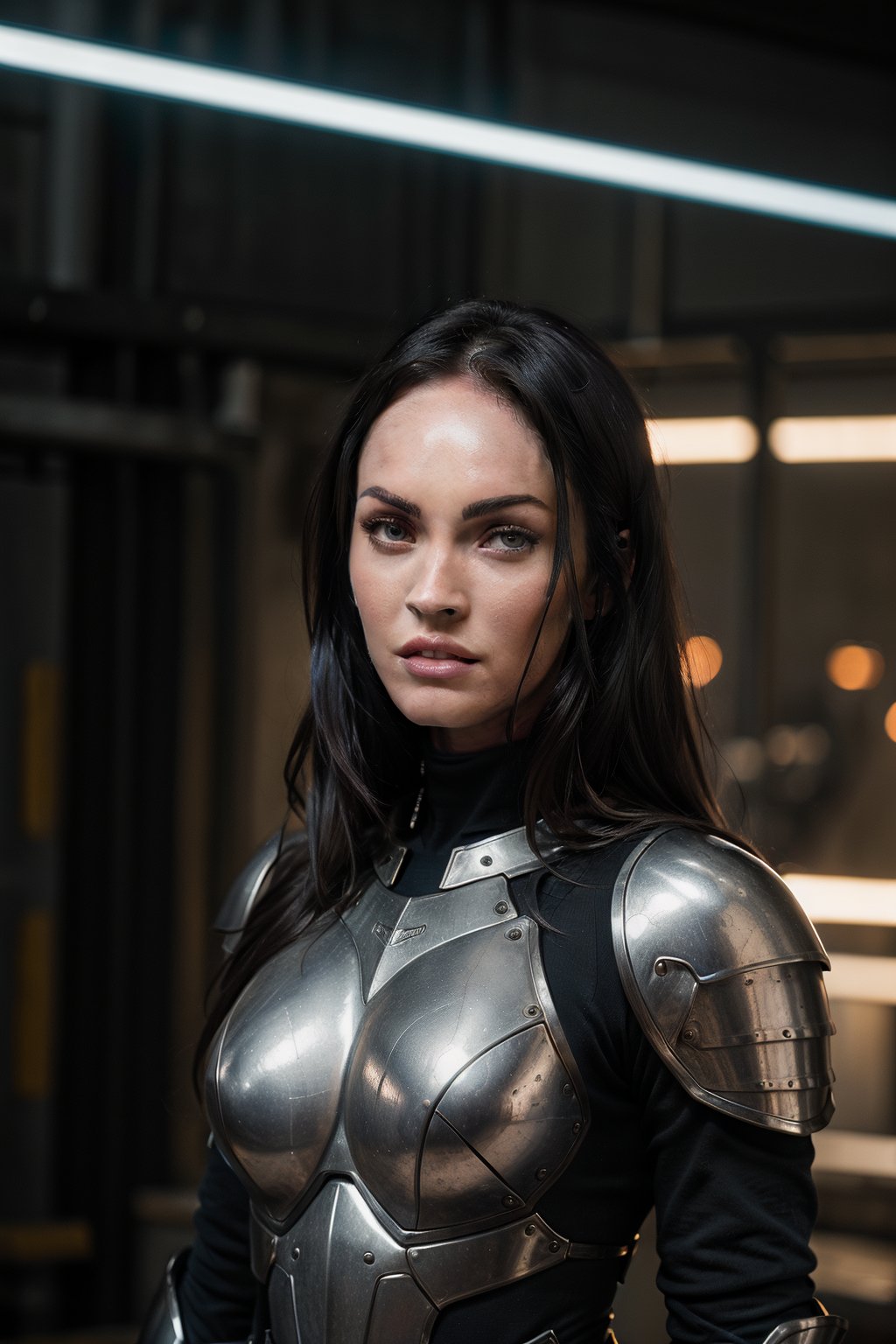 masterpiece, highest quality, 8k high quality photo, cinematic lighting,Megan fox,brown armor,gray features on armor,long_hair,black-hair,metallic brown sleeves,flying,magnetism,electromagnetic pulse,cyber_armor,Masterpiece