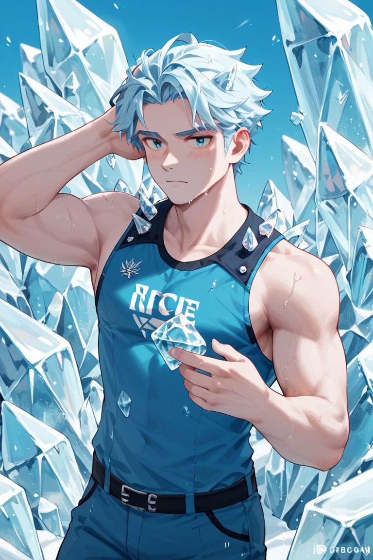 ice,score_9,hubgman,score_6_up,score_7_up,score_8_up, ice, man, blue_hair, ice body, body covered in ice, blue uniform, sleeveless, small k logo on the chest, throwing ice spikes from hands,thin, 