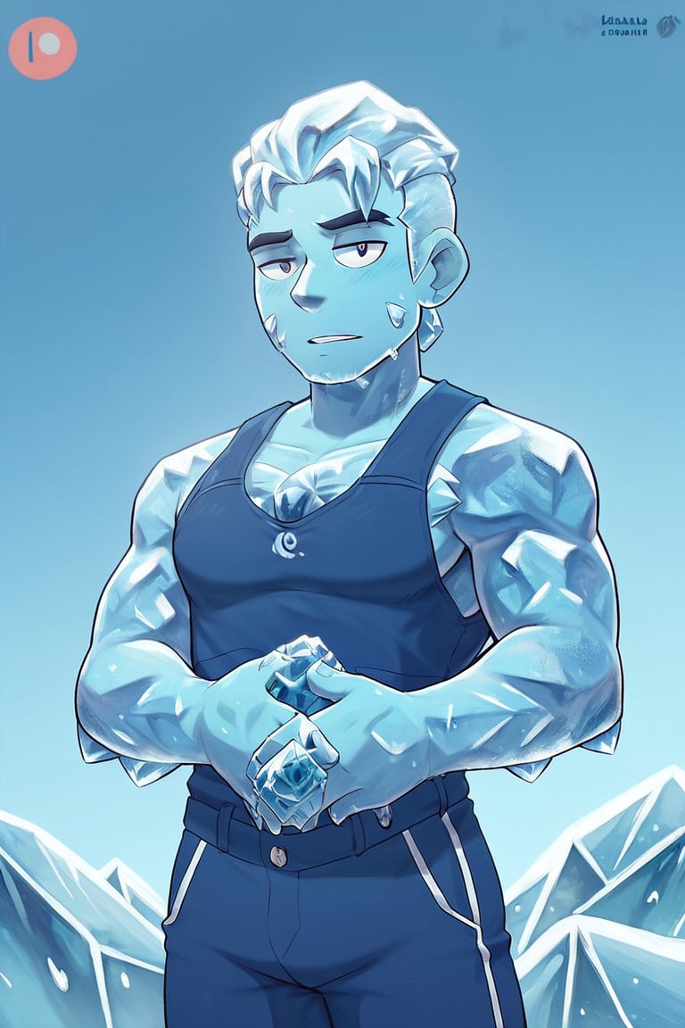 ice,score_9,hubgman,score_6_up,score_7_up,score_8_up, ice, man, blue_hair, ice body, body covered in ice, blue uniform, sleeveless, small k logo on the chest, throwing ice spikes from hands,thin, 