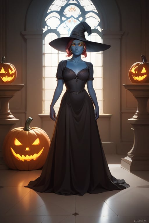 score_9, score_8_up, score_7_up, masterpiece, highest quality, 8k high quality photo, cinematic lighting,1girl, mystique, blue skin, red hair,yellow sclera, yellow eyes,scales, black dress, witch, pumpkin, perfect face, perfect anatomy, witch hat, mansion X, full body, 