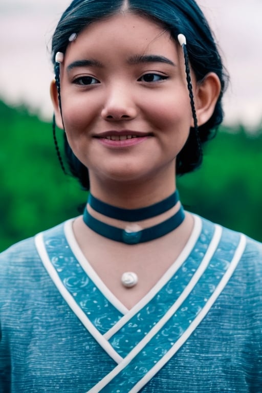 close up, masterpiece, kia katara, smiles, facing viewer, black eyes, blurry background, solo, realistic, black hair, hair ornament, 1girl, blurry, mole, choker, (UHD 8K:1.4)