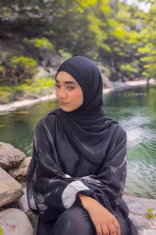 Close-up shot of a serene moment: a girl wearing a hijab and a white shirt sits peacefully on a massive rock overlooking the still waters of a tranquil lake. The warm sunlight casts a gentle glow, highlighting the folds of her scarf and the texture of the stone beneath her. Her pose exudes calmness, as if embracing the tranquility of the surroundings.