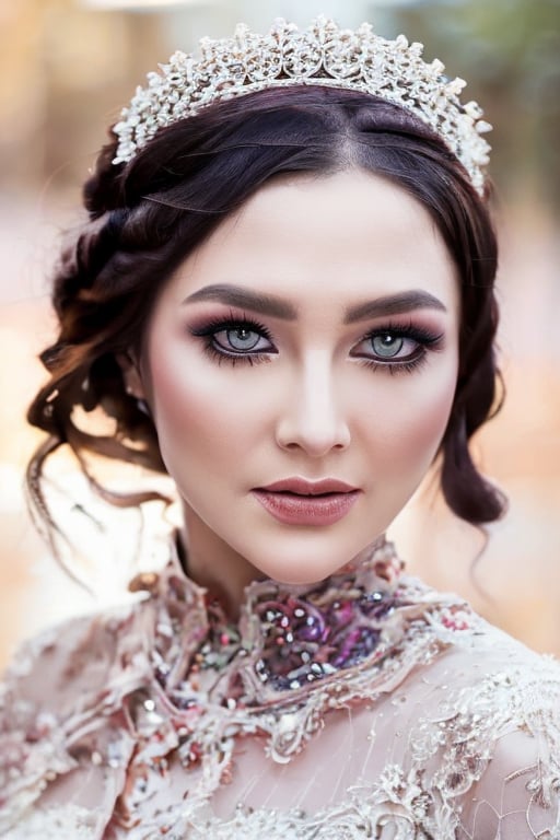 A stunning close-up shot of a bride's face during the golden hour. The soft, warm light casts a romantic glow on her porcelain skin, accentuating the delicate features and brightening her beautiful eyes with long lashes. Her dark, luscious locks cascade down her shoulders, framing the lace trim on her wedding dress as it shimmers in the bokeh-like background. UHD resolution captures every intricate detail, from the subtle texture of her gown to the subtle sparkle on her eyes.