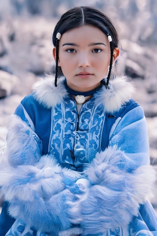 portrait, masterpiece, kia katara, a woman in a blue dress with a white collar,  long hair, jewelry, upper body, black eyes, solo, realistic, black hair, hair ornament, earrings, 1girl, lips, (UHD 8K:1.4) realistic