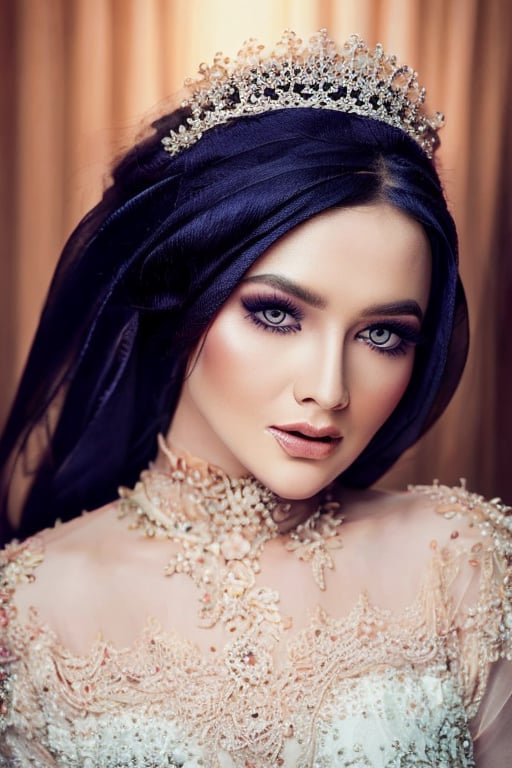 A stunning close-up shot of a bride's face during the golden hour. The soft, warm light casts a romantic glow on her porcelain skin, accentuating the delicate features and brightening her beautiful eyes with long lashes. Her dark, luscious locks cascade down her shoulders, framing the lace trim on her wedding dress as it shimmers in the bokeh-like background. UHD resolution captures every intricate detail, from the subtle texture of her gown to the subtle sparkle on her eyes.