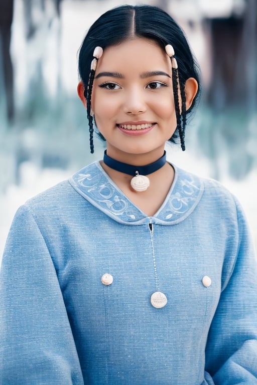 portrait, masterpiece, kia katara, a woman in a blue dress with a white collar, smiles, long hair, jewelry, upper body, black eyes, solo, realistic, black hair, hair ornament, earrings, 1girl, lips, (UHD 8K:1.4) realistic