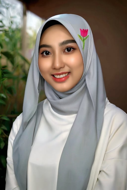 A stunning Indonesian girl in hijab posing confidently with a warm, genuine smile. She's placed against a rich brown outdoor setting, surrounded by lush greenery and a single vibrant flower. The focus is on her radiant upper body, showcasing the intricate details of her traditional attire. Her gaze meets the viewer's, exuding warmth and kindness. Shot in UHD, this photograph exudes realism and captures the beauty of Indo-Hijab culture.

