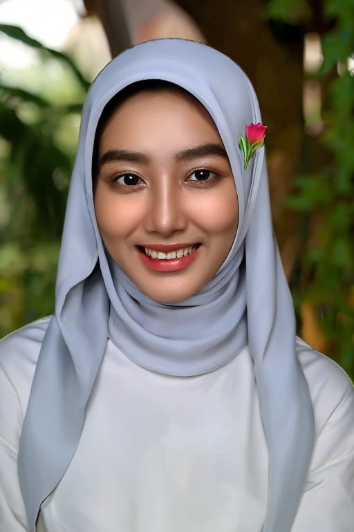 A stunning Indonesian girl in hijab posing confidently with a warm, genuine smile. She's placed against a rich brown outdoor setting, surrounded by lush greenery and a single vibrant flower. The focus is on her radiant upper body, showcasing the intricate details of her traditional attire. Her gaze meets the viewer's, exuding warmth and kindness. Shot in UHD, this photograph exudes realism and captures the beauty of Indo-Hijab culture.

