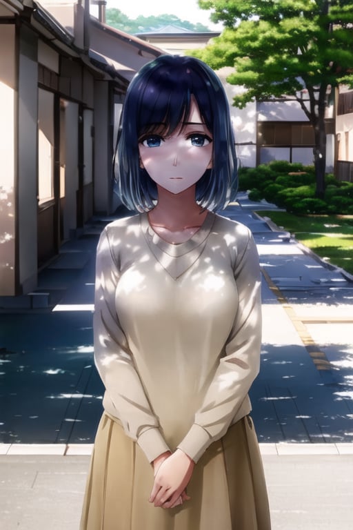 A serene afternoon scene: Akane Kurokawa stands proudly outside a traditional Japanese school building, dressed in her crisp uniform. Warm sunlight casts a gentle glow on her face and the verdant surroundings, as she gazes calmly into the distance, her hands clasped behind her back. The subtle greenery of the school grounds provides a soothing backdrop to her serene pose.