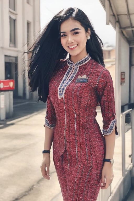 A warm sunlight illuminates a stunning woman standing confidently in her Lion Air attendant uniform on a bustling city street. Her vibrant black hair frames her beaming smile, showcasing her radiant high-definition features. The outdoor setting allows for a beautiful play of light and shadow on her upper body, emphasizing the crisp details of her attire.