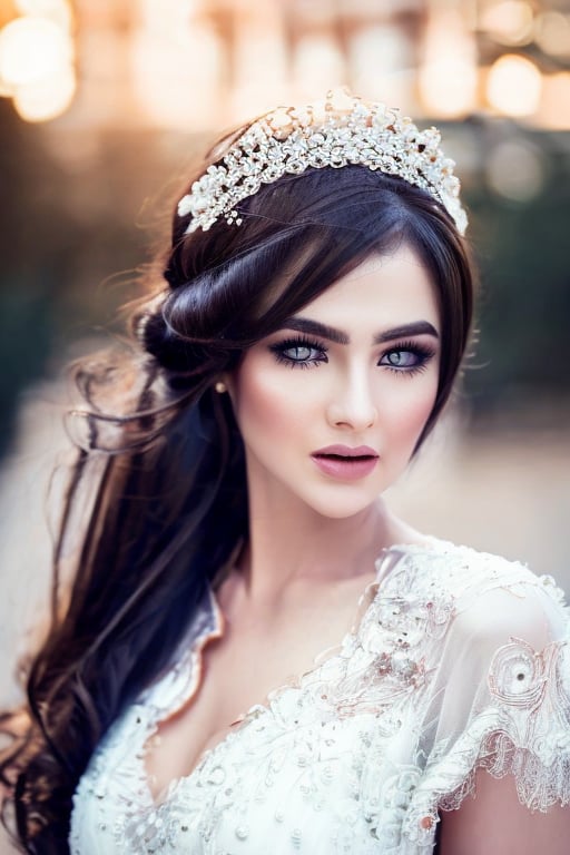 A stunning close-up shot of a bride's face during the golden hour. The soft, warm light casts a romantic glow on her porcelain skin, accentuating the delicate features and brightening her beautiful eyes with long lashes. Her dark, luscious locks cascade down her shoulders, framing the lace trim on her wedding dress as it shimmers in the bokeh-like background. UHD resolution captures every intricate detail, from the subtle texture of her gown to the subtle sparkle on her eyes.