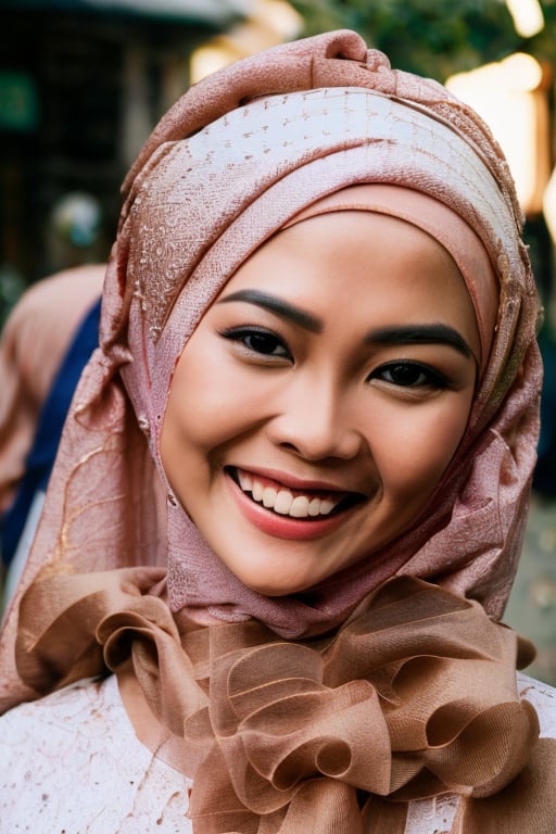 A close-up shot of a smiling Indonesian woman wearing a hijab outdoors on a bustling street. Her upper body is framed in the center of the composition, with her detailed face and skin taking up most of the frame. The warm sunlight casts a gentle glow on her features, highlighting the soft curves of her smile.