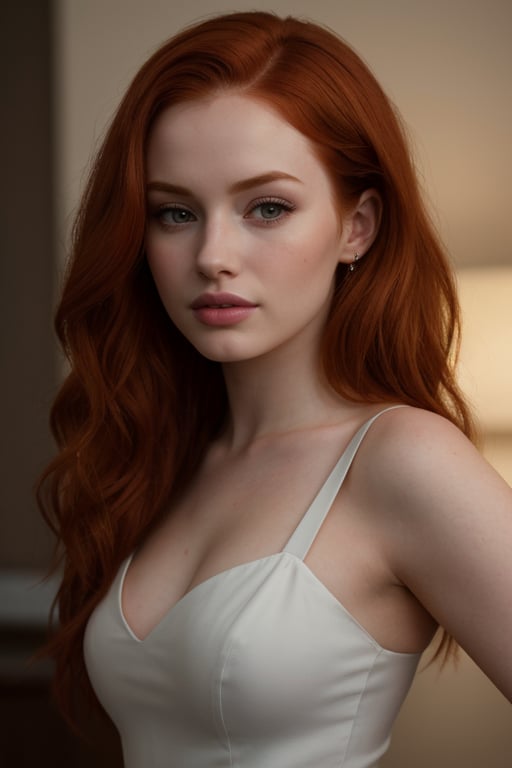 hyperrealistic portrait of Madelaine Petsch, from the waist up, focusing on her facial details. The lighting is soft, highlighting the texture of her skin, with natural shadows and lights that create depth. The colors are vibrant and realistic, conveying the quality of a professional photograph. 