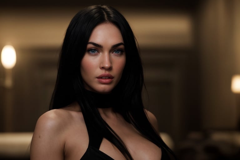 hyperrealistic image of Megan Fox in an iconic scene from the movie "Jennifer's Body", with a dark and seductive expression, wearing a tight black dress, with a touch of blood on the corner of her mouth. The image should have a cinematic and gothic style, with focus on the actress, her look, and the atmosphere of the movie. 