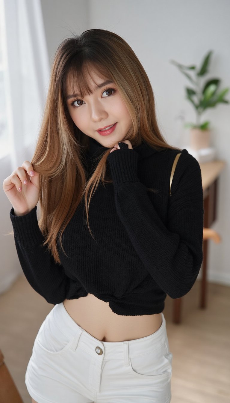 1girl,solo,long hair,looking at viewer,smile,bangs,skirt,brown hair,long sleeves,navel,brown eyes,standing,parted lips,shorts,midriff,nail polish,grin,blurry,sweater,crop top,fingernails,sleeves past wrists,makeup,turtleneck,plant,lipstick,white shorts,realistic,black sweater,cropped sweater