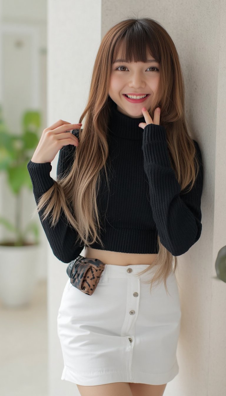 1girl,solo,long hair,looking at viewer,smile,bangs,skirt,brown hair,long sleeves,navel,brown eyes,standing,parted lips,shorts,midriff,nail polish,grin,blurry,sweater,crop top,fingernails,sleeves past wrists,makeup,turtleneck,plant,lipstick,white shorts,realistic,black sweater,cropped sweater