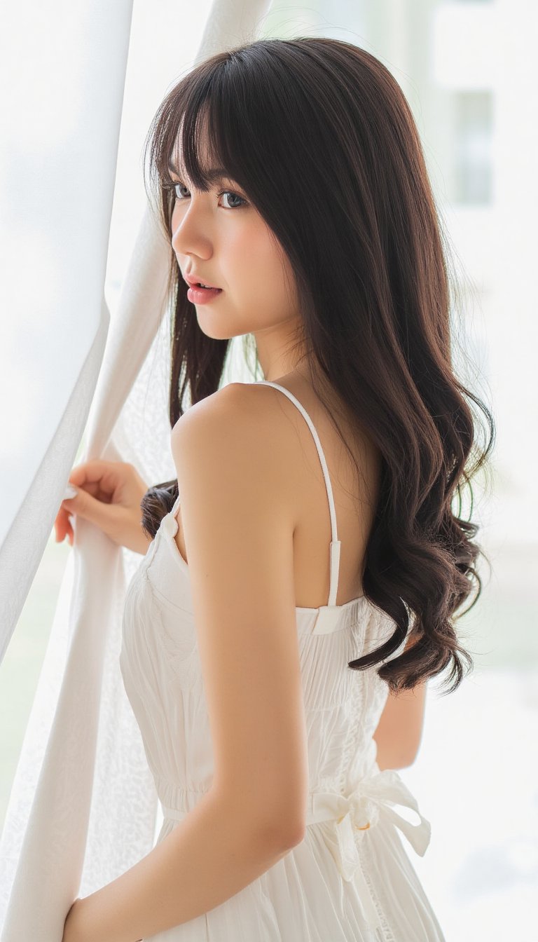 a young woman with long dark brown hair, beautiful young woman wearing sundress, white background