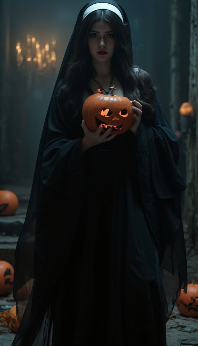 In a dimly lit, eerie chamber, a young woman in a nun's habit stands amidst an ominous atmosphere. Her dark brown hair flows down her back as she gazes sinisterly, one hand grasping a jack-o'-lantern. A black veil hangs around her neck, a flowing black dress shrouds her figure, and a cross necklace glints ominously, casting an air of foreboding.,hlw cosplay