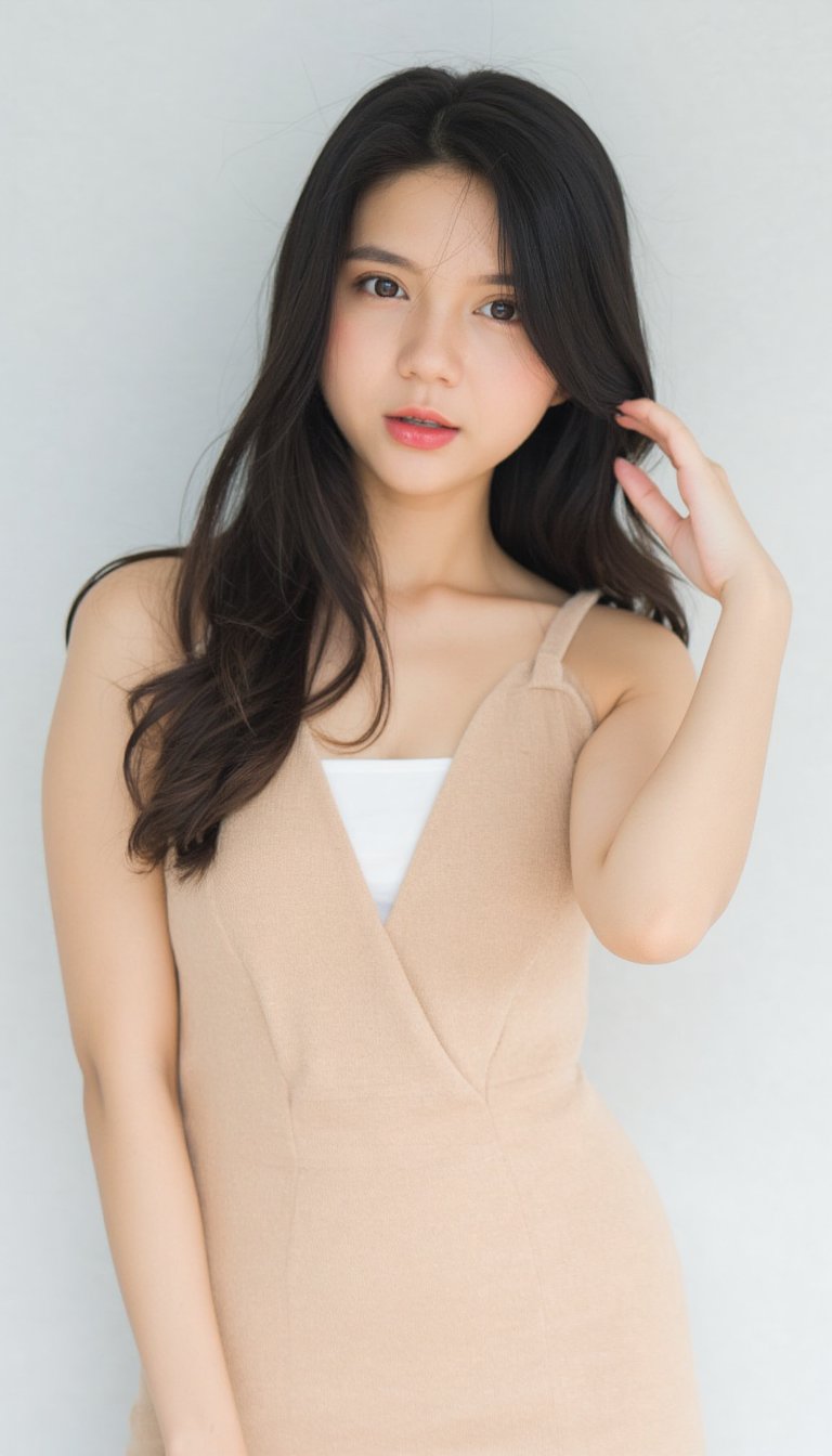 a young woman with long dark brown hair, beautiful young woman wearing sundress, white background