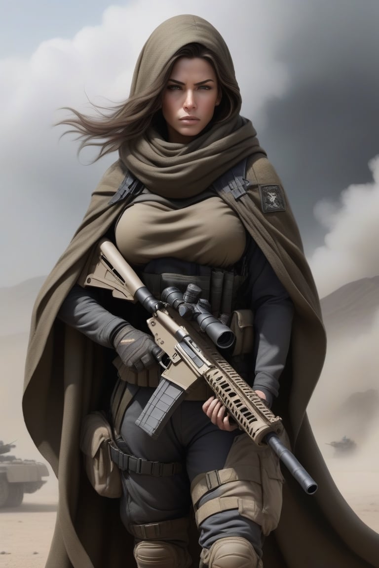 A special forces elite,  rugged clothing suitable for the rigors of war,  complemented by a long cloak that billows behind...